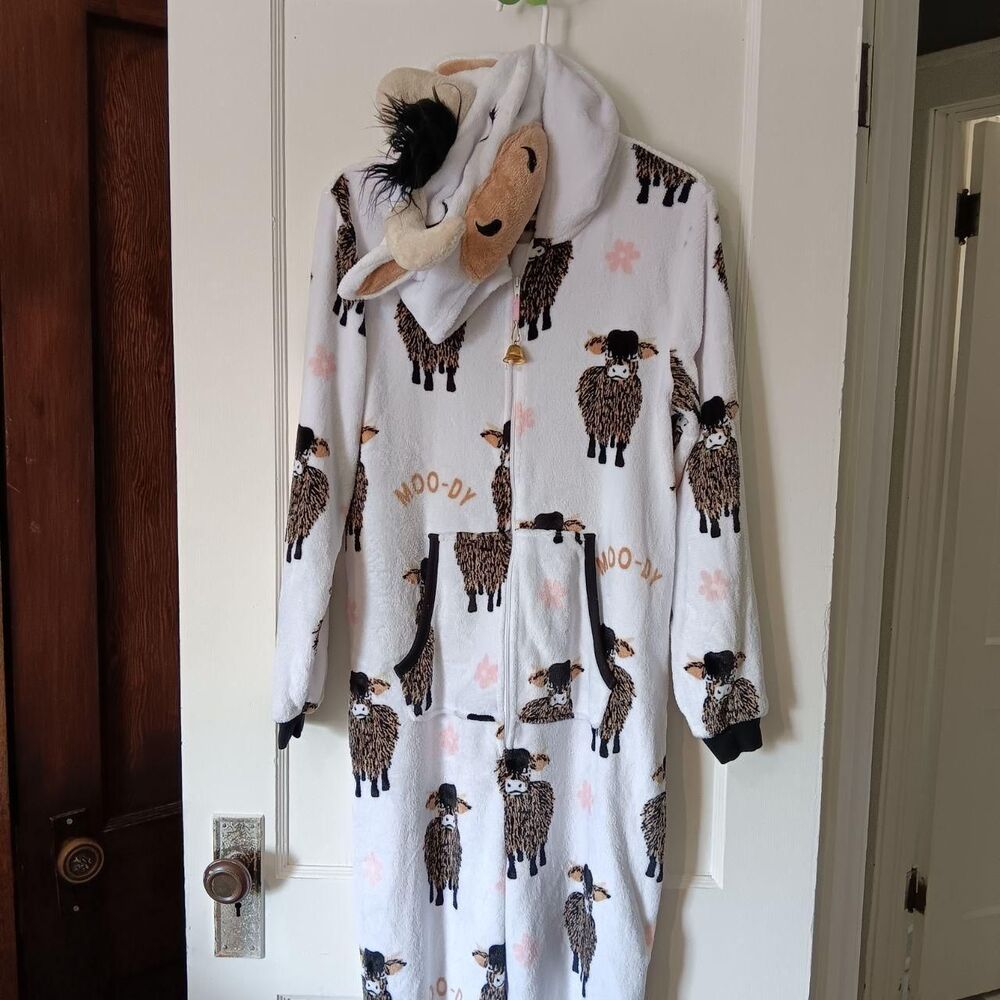 Cow Fleece Costume Pajamas Jumpsuit Kids L Holiday Time Moo-dy Hoodie Loungewear